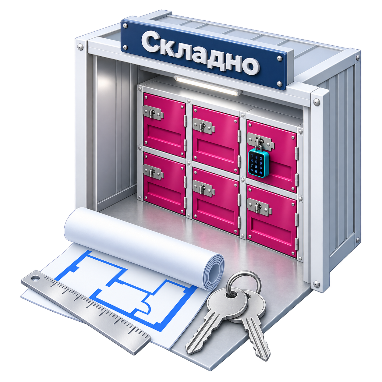 3D-иллюстрация помещения с кладовками «Складно», плана и ключей собственника